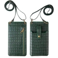 Green faux leather phone bag with crocodile texture and long shoulder strap - Green