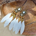Detail of bohemian white feather drop earrings with vintage gold leaf and bead accents - White Gold Feather Style(E6310)