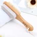 Dual-sided wooden foot brush with natural boar bristles and volcanic pumice stone - Double-sided Pumice Brush / 17x3.5x4cm