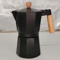 Classic black octagonal moka pot with wooden handle and lid knob on reflective surface - 300ml (6 Cups) / Single Valve / Black with Wood Handle