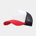 Detail of breathable black mesh and contrasting stitching on a custom trucker hat - Adjustable / White + Red Brim