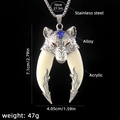 Men's wolf tooth necklace with blue-eyed alloy head and durable stainless steel chain - Large Double Wolf Tooth + 70cm Steel Chain