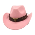 Rosa Western-Cowboyhut aus Wollfilz mit braunem Lederband und Stierkopf-Metallschnalle - Einheitsgröße / Rosa (Goldener Stier)