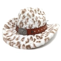 Wide brim leopard print faux fur cowboy hat with leather studded bull head band - M (56-58cm) / Straight Top / White
