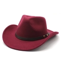 Detail of burgundy wool fedora with brown leather band and gold rivet accents - M (56-58cm) / Burgundy