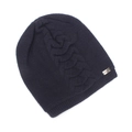 Detailed cable knit pattern on dark blue winter beanie with silver Heat metal label - One Size / Navy Blue