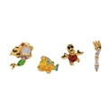 Golden mermaid earring set with colorful cubic zirconia featuring fish and crab studs - Gold