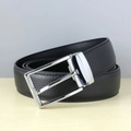 Men's black leather belt with lychee texture and silver rectangular alloy buckle - Glossy Silver Style / 120cm