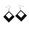Close-up of black geometric diamond square acrylic earrings with silver metal hooks - Square Black