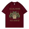 Women's burgundy cotton T-shirt featuring Alligator Alcatraz graphic print - Burgundy