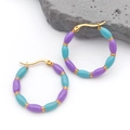 Detail of bohemian hoop earrings with blue and purple beads and gold-plated bamboo accents - Bamboo Enamel Earrings (T1283) / 1 Piece / Violet Blue