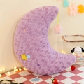 Plush purple moon pillow with embroidered stars and a pink star pendant accessory - Moon Pillow / Purple