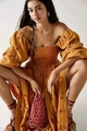 Gelbes Midikleid mit Karree-Ausschnitt, Puffärmeln und bestickter Boho-Textur für Damen - Orange