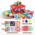 Sensory tissue box toy set for babies with red plush bus and educational accessories - Car Tissue Box (3 Square Cloths + 8 Silk Scarves + 3 Plush Balls) (1906-2A)