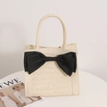Cream straw handbag featuring a large black bow for sweet summer beach style - Square Bow / Beige