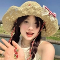 Women's summer straw sun hat with red floral band and plaid bowknot detailing - M / Bow Pineapple Hat-Beige