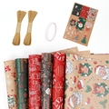 6 rolls of vintage Christmas kraft wrapping paper with jute ropes and stickers - Set 9