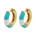 Detailed close-up of gold rectangular earrings with green and white enamel stripes - Green No Rhinestones