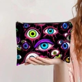 Detail of canvas pouch with metal zipper and colorful evil eye pattern printed on black - Black With Colorful Eyeballs All-Over Print (jiayingpbb0428)