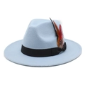 Detail of light blue wool fedora hat featuring black ribbon and vibrant colorful feathers - M (56-58cm) / Sky Blue