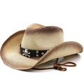 Chapeau de cowboy en paille vintage avec bandeau en cuir à tête de mort et jugulaire - M(56-58cm) / Beige Café