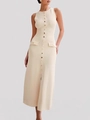 Ärmelloses cremefarbenes Strick-Maxikleid mit Knopfleiste und Schlitz in schmaler Passform - S / Milchweiß