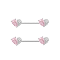 Pink heart-shaped zircon nipple rings with silver wings and polished steel bars - Silver Pink Heart Wing Nipple Ring Pair (NP24082307S)