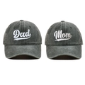 Close-up of Dad and Mom embroidery on washed cotton canvas vintage baseball caps - One Size / Army Green