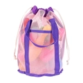 Pink mesh toy storage bag with purple handles for beach shells and kids accessories - Handheld Beach Bag Pink with Purple Strap