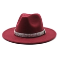 Close-up of wine red wool fedora hat with sparkling silver rhinestone decorative band - Burgundy