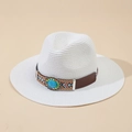 Cappello di paglia Panama bianco con decorazione di perline turchesi stile boho - M (56-58cm) / Bianco