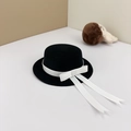 Black wool school-style doll hat with white ribbon bow and classic academy style - Circumference 34cm / Black + White Bow