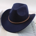 Navy blue wool felt cowboy hat with braided leather band on minimalist background - One Size 57-58cm / Leather Braid Decor / Navy Blue