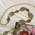 Vintage gold ethnic waist chain with oval engraved metal plates for women's dresses - Gold