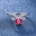 Silver adjustable ring with round red gemstone and diamond bow accents - Red Diamond Ljz-203 / Adjustable Open
