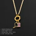 Elegant 14K gold plated titanium steel necklace with letter L and pink stone charm. - S