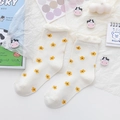 White cotton crew socks with yellow floral pattern and frill trim for women - One Size / Orange Black Flower