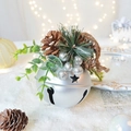 Silver matte Christmas bell with pine cones, needles, and star cutouts on hemp rope - Silver Bell with Pine Cone