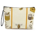 Beige canvas cosmetic bag with vintage bee and honey print featuring a black wrist strap - Vintage Bee Honey Pot Illustration (xy-078-3) / With Strap