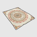 Detail of flannel blanket showing moon phases, mushrooms, and floral mandala patterns - Cream Astrology Mushroom