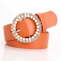 Orange leather belt for women with golden round buckle featuring pearls and rhinestones - Camel