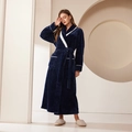 Thick navy blue flannel bath robe for men and women featuring white contrast trim - Navy Blue (Women's)