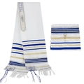 Châle de prière Tallit blanc et bleu avec pochette de rangement assortie - 52x180cm / Blanc avec rayures bleu royal