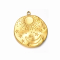 Gold stainless steel pendant with sun moon and star relief design for DIY jewelry making - Round Celestial Sun Moon Star