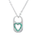 Silver rectangle pendant necklace with emerald green zircon heart inlay and O-chain - Platinum Plated - Green Zirconia