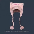 Pink knit cat ear beanie with pom-poms and cute embroidered face detailing - One Size / Pink Cat Ear Hat Adult