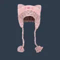 Bonnet chat tricoté rose avec pompons et broderie de visage mignon sur l'avant - Taille unique / Bonnet Oreilles de Chat Rose Adulte