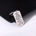 Detailed view of brushed stainless steel military tag keychain with engraved text - Style 1 (To Grandson Inspirational)