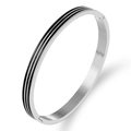 Detail view of silver stainless steel bangle showing triple black enamel stripes and side clasp - Steel Black