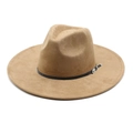 Classic khaki wide brim fedora hat with black suede band and silver metal buckle - M (56-59cm) / Camel Faux Suede